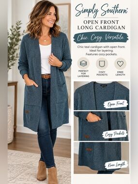 Simply Southern Teal Open Front Long Cardigan